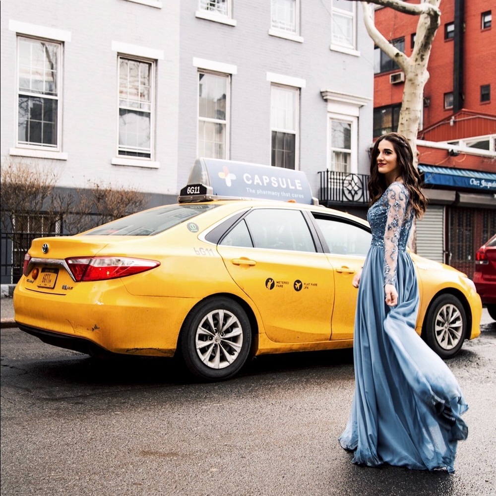 Blue Marilee beaded bridesmaid gown